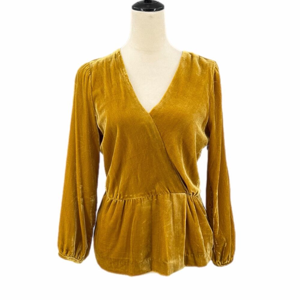 J. Crew Gold Mustard Velvet Peplum Glam Boho Cottagecore Fall Chic Blouse Top